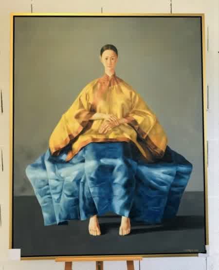 ACF001, Peinture à l'huile, "Chinese lady with blue and gold dress", encadrement gold, 100x125cm.