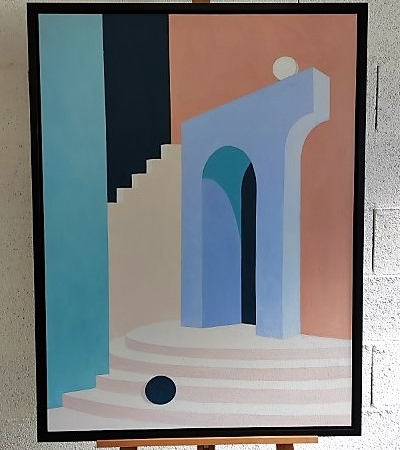 SD045F, "RIAD 2", œuvre peinture à l'huile, encadrement baguettes américaines noires, 80x105cm. Collection STARSDECO.