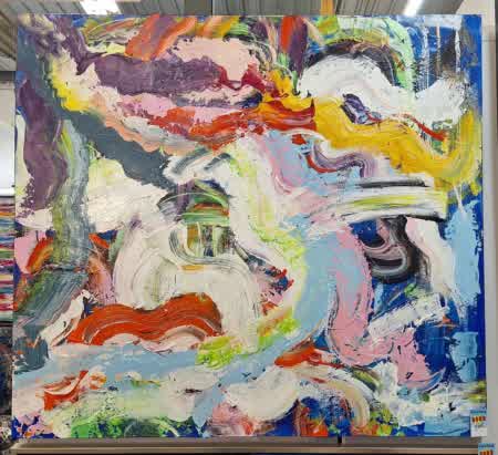 Abstrait acrylique a la spatule, original sur panneau bois, 125x125cm,