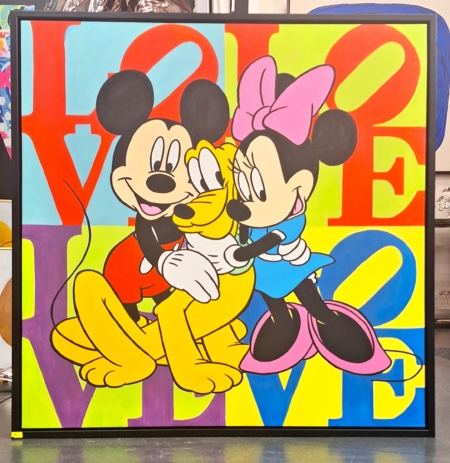 Mickey, Minnie and Pluto, Love, oil painting, 106x106cm, 