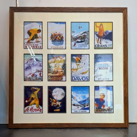 Encadrement décoratif regroupant des affiches vintage de stations de ski alpines comme Verbier, Davos, Megève ou Zermatt, style rétro montagne