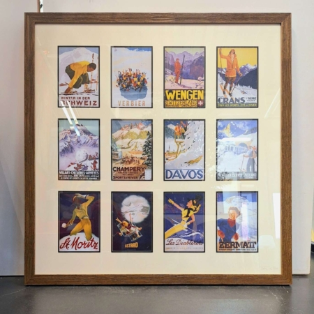 Encadrement décoratif regroupant des affiches vintage de stations de ski alpines comme Verbier, Davos, Megève ou Zermatt, style rétro montagne